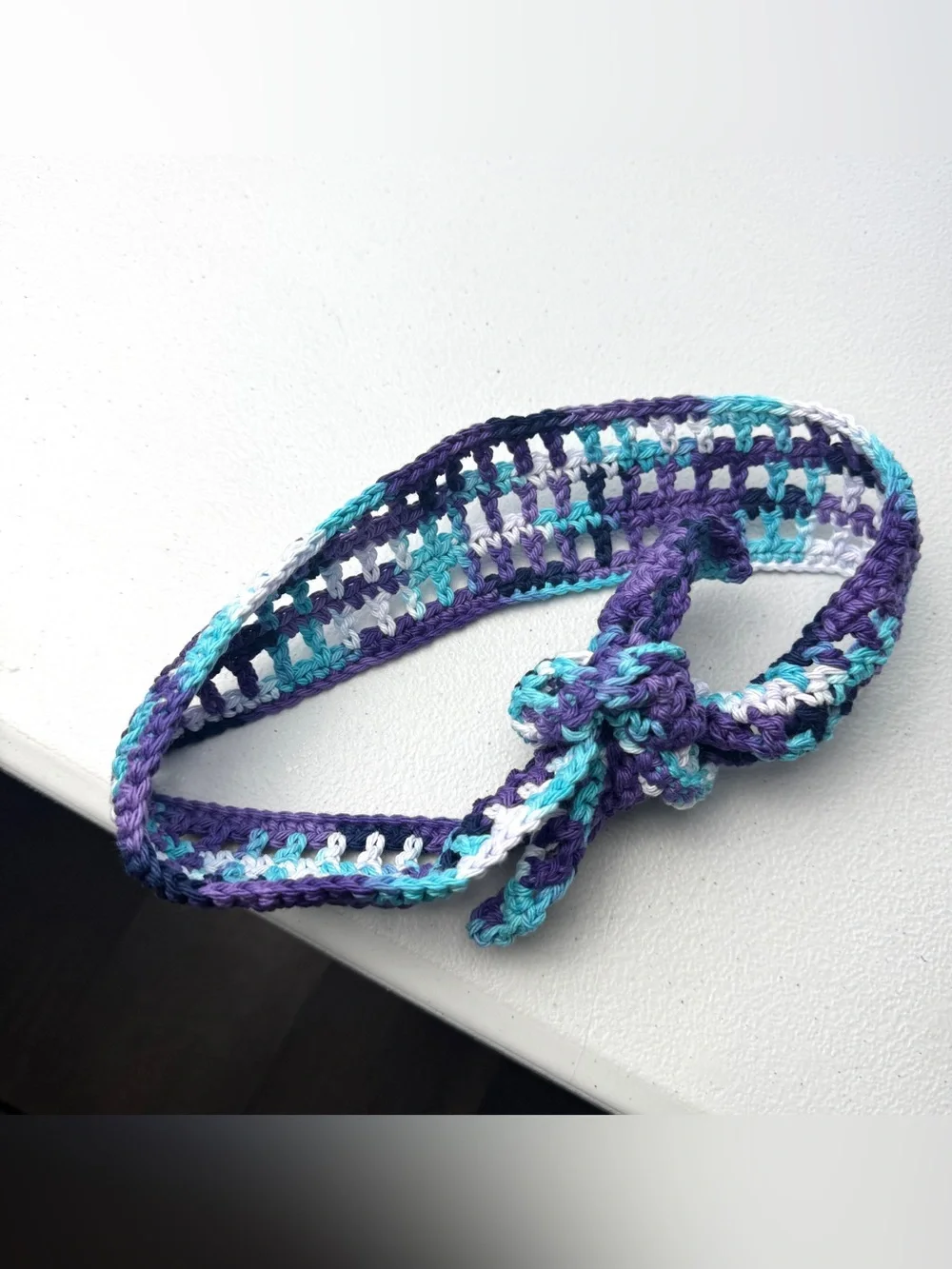 Teal Purple White Crochet Tie Headband 36”x2.25” Handmade Breathable NEW